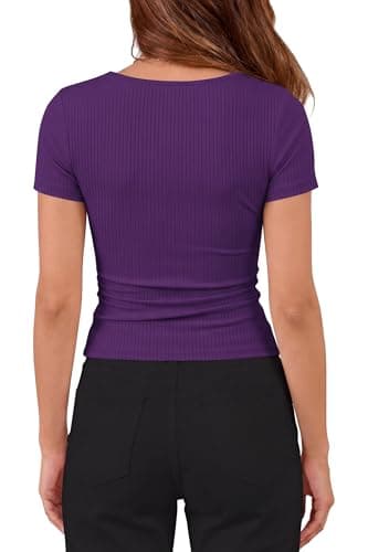 PRETTYGARDEN Womens Summer Tops 2026 Cute Cowl Neck Short Sleeve T-Shirts Ribbed Knit Fitted Spring Ruched Crop Top(Purple,Medium) - Thumbnail 5
