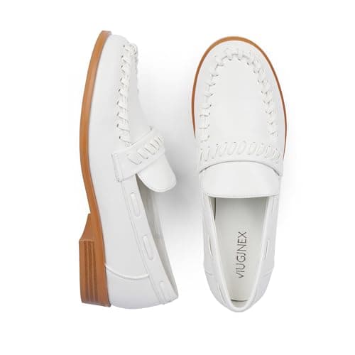 VIUGJNEX White Dress Shoes Women Penny Loafers for Women Slip On Low Chunky Heel Pumps Comfortable Business Casual Dressy Shoes Size 11 - Image 1