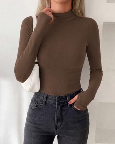 BTFBM Turtleneck Tops for Women Thumbhole Long Sleeve Shirts Brown - Thumbnail 3