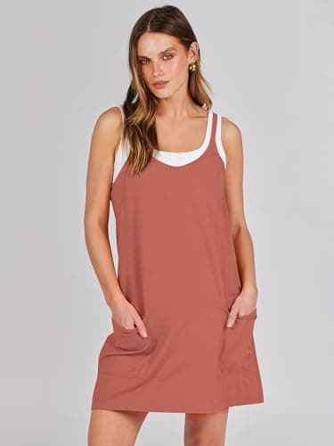 Prinbara Women Athletic Tennis Dress Summer Workout Sports Mini Romper Dress Built in Shapewear Shorts Sundress 2026 Outfits Rust Red Large - Thumbnail 2