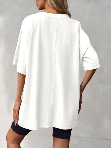 Tankaneo Womens Oversized Tshirts Crew Neck Short Raglan Sleeve Tunic Tops Summer Casual Loose Fit Workout Tee Shirts White - Thumbnail 5