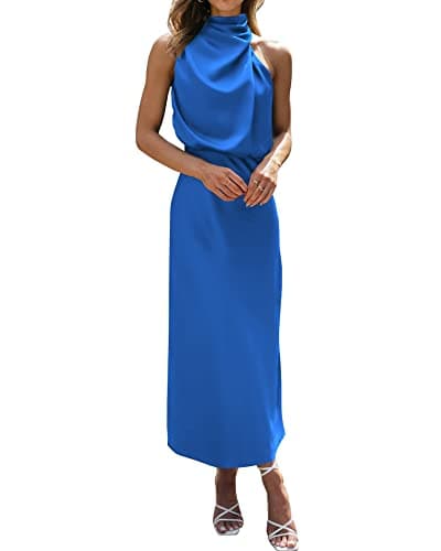 BTFBM Cocktail Dresses for Women Summer Satin Silk Sleeveless Mock Neck Maxi Wedding Guest Dress Spring Outfits 2026(Brilliant Blue, Large) - Image 1
