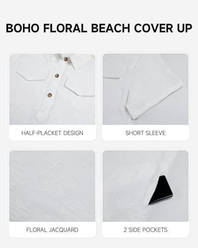 Bsubseach Swimsuit Coverup for Women 2026 Short Sleeve Summer Floral Beach Cover Up Shirt Boho Dress with Pockets White S - Thumbnail 4