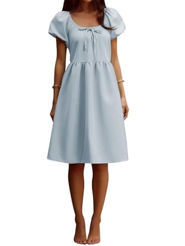 YUNDAI Women’s Puff Sleeve Babydoll Mini Dress Square Neck Casual Short Dress Blue - Image 1