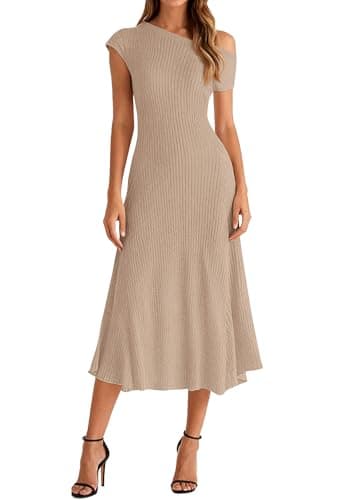 BTFBM Womens Summer Dresses 2026 Asymmetrical Neck Short Sleeve Pleated Knit Spring Sweater Midi Dress Business Casual(Khaki, XX-Large) - Image 1