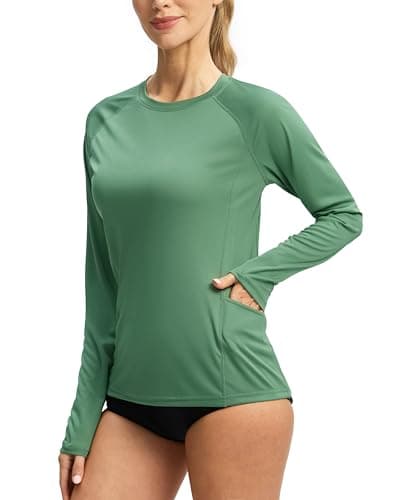Viodia Rash Guard for Women UPF 50+ SPF UV Long Sleeve Shirts Sun Protection Dri Fit Hiking Swim Shirt with Pockets Green S - Image 1