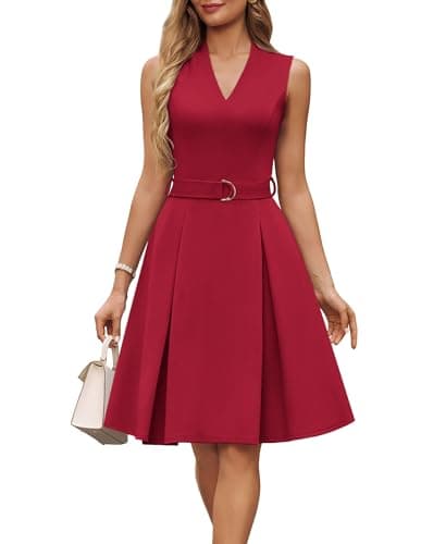 GRACE KARIN Women's Wear to Work Dresses 2026 Business Office Fit and Flare Midi Dress Church Outfits with Pockets Red XXL - Image 1