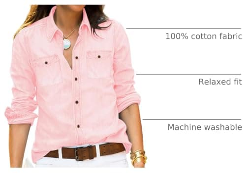Vetinee Women's Candy Pink Button Down Denim Shirt Collared Classical Casual Vintage Retro Long Sleeve Pocket Tunic Fall Tops Blouse Size X-Large Size 0 Size 2 - Thumbnail 4