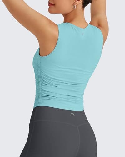 G4Free Women's Crop Athletic Tank Tops High Neck Workout Tanks Ruched Side Slim Fit Yoga Top for Gym Running Fitness(Light Blue,L) - Thumbnail 4