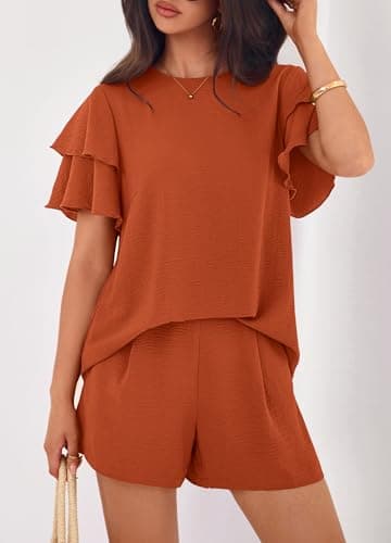 KIRUNDO Two Piece Sets For Women Summer Casual Loose Ruffle Short Sleeve Matching Shorts Sets Beach Vacation Cruise Outfits(Brown Orange, Medium) - Thumbnail 6