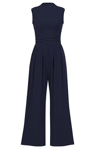 PRETTYGARDEN Womens Summer Jumpsuits Dressy Casual One Piece Outfits Sleeveless Mock Neck Wide Leg Pants Rompers with Pockets (Navy,Medium) - Image 1