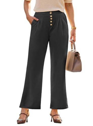 Dokotoo Dressy Casual Pants for Women High Waist Waffle Knit Buttoned Wide Leg Pants Trousers with Pockets Spring Outfits 2025 Black XX-Large - Image 1