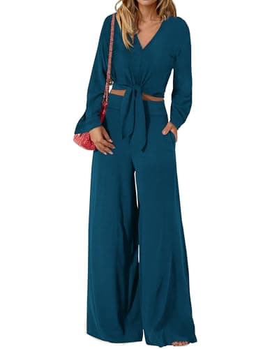 PRETTYGARDEN Women's 2 Piece Outfits 2026 Spring Fashion V Neck Long Sleeve Strappy Crop Top Wide Leg Pant Lounge Sets(Teal,Medium) - Image 1