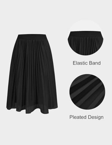 SLOWCOLIN Women's Midi Skirt Elastic High Waist Pleated Skirt Knee Length Swing A-Line Casual Flowy Skirts 2025 Black,M - Thumbnail 5
