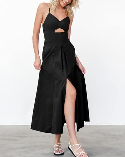 BTFBM Women 2026 Spaghetti Strap Midi Summer Dresses Sleeveless V Neck Cutout Slit Casual Beach Party Maxi Dress Pockets(Black, Large) - Thumbnail 4