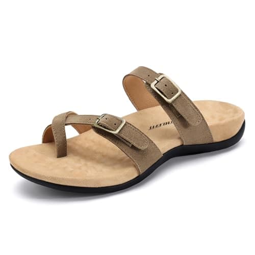 Athlefit Orthopedic Sandals for Women with Arch Support Adjustable Comfort Walking Orthotic Flip Flops Brown Suede Size 8.5 - Image 1