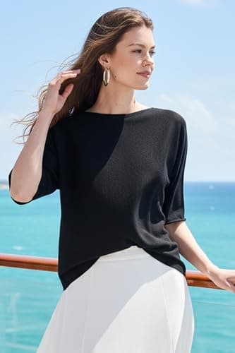 Orolay Short Sleeve Boat Neck Sweater Women Lightweight Dolman Loose Fit Pullover Knit Top Anthro Quince Dupes 2026 Black - Thumbnail 4