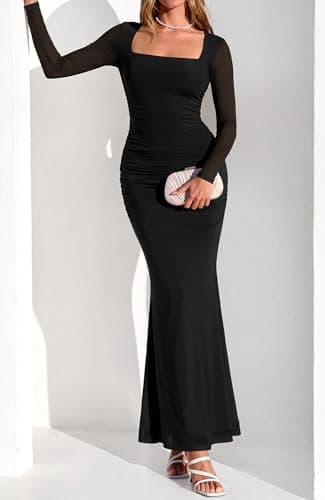 BTFBM Women's Maxi Dresses Fall 2026 Long Sleeve Ruched Bodycon Dress Square Neck Cocktail Party Wedding Guest Dresses(Black,X-Large) - Thumbnail 6