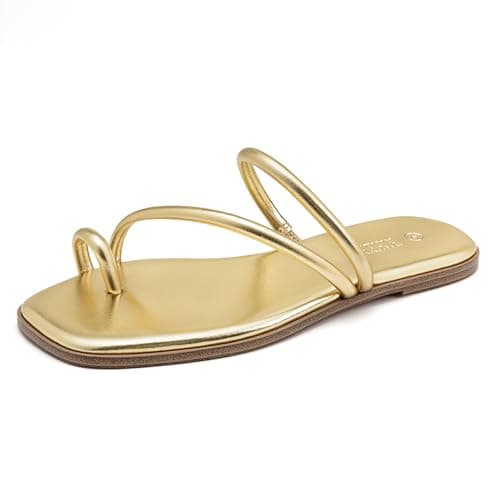 Rihero Women's Slide Sandals Strappy Beach Thong Flat Sandals Square Toe Comfortable Dressy Summer Slip On Flip Flops Gold Size 10 - Image 1