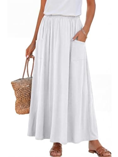 ANRABESS Womens Maxi Skirt Summer Casual Flowy A-line Elastic Waist Beach Long Skirts with Pockets Spring Vacation Clothes White Large - Image 1