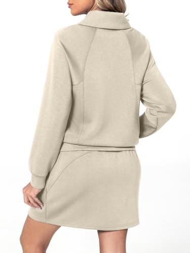 Casly Lamiit 2 Piece Skort Sets for Women Tennis Athletic Skirt Sweatsuits Casual Long Sleeve Sweatshirts Fall Matching Sports Outfits Dark Beige S - Thumbnail 3
