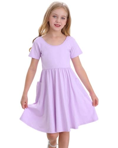 Stelle Girls Dress Short Sleeve Toddler Skater Twirl A Line Solid Color T-Shirt Dress for School Casual(A19-Lavender (with Pocket), 10 Years) - Image 1
