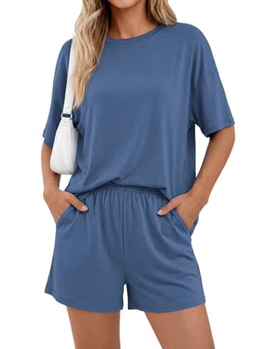 BTFBM 2 Piece Short Sets For Women 2026 Summer Airport Travel Vacation Outfits Loose Matching Clothing Spring Lounge Set(Grey Blue, Small) - Thumbnail 5