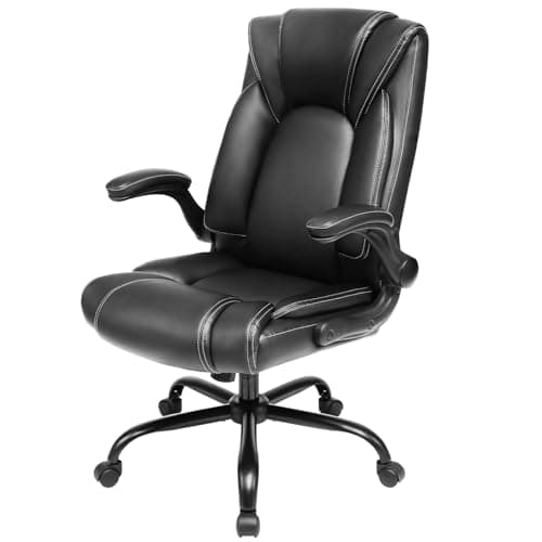 OUTFINE Flip-up Arms Office Chair 300lbs Executive Chair Swivel Office Chair with hydrolysis-Resistant Leather Spring Cushion Thick Padding and Ergonomic Design (Black, Flip Arm Medium)