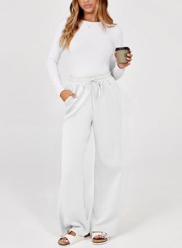 Dokotoo Women's Pants Elastic Waisted Loose Straight Leg Stretch Palazzo Pants Fall Business Casual Ladies Pants White - Thumbnail 4