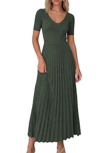 PRETTYGARDEN Women's 2026 Spring Midi Sweater Dresses Elegant Pleated Ribbed Knit Short Sleeve V Neck A Line Summer Outfits (Army Green,Medium) - Image 1