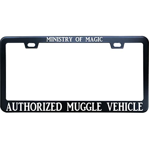 XHuiZio Ministry of Magic Authorized Muggle Vehicle License Plate Frame for Women/Men, Black Stainless Steel Car Tag Frame, 6"x12" 2 Holes & Screws Fits Standard US/CA - Image 1