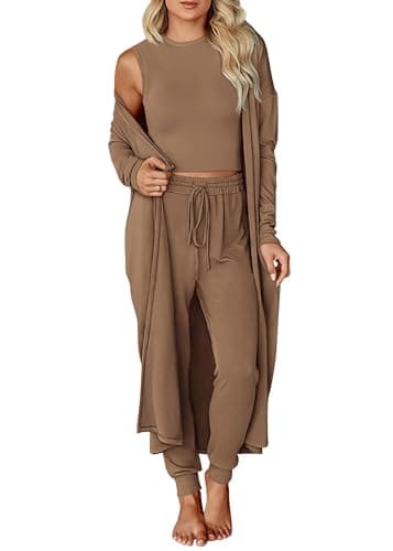 KIRUNDO 3 Piece Lounge Sets for Women Airport Travel Vacation Outfits 2026 Fall Cardigan Matching Sleeveless Top Jogger Pants(Khaki, Large) - Image 1