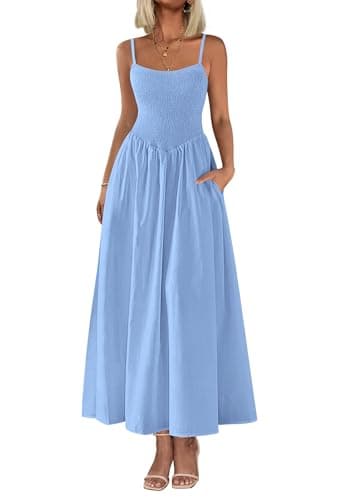 PRETTYGARDEN Women's Smocked Maxi Dresses 2025 Summer Beach Sundress Casual Spaghetti Strap Swing A Line Long Flowy Dress (Light Blue,Small) - Image 1