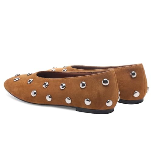 RBTHOLP Studded Flats for Women Suqare Toe Slip on Suede Ballet Flats Comfortable Walking Studs Ballet Shoes Brown - Thumbnail 6