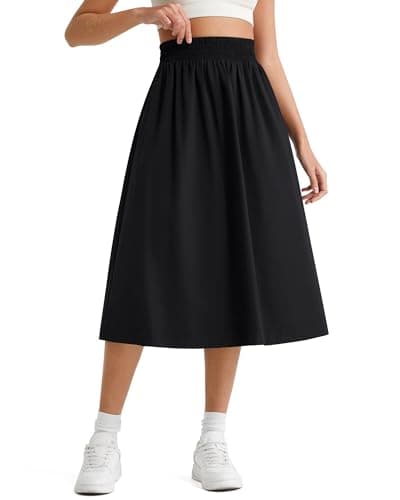 G4Free Midi Skirts for Women Casual Workout Pleated Flared Elastic High Waist Flowy Long Skirt with Pockets Midi Length Lightweight(Black,S) - Image 1