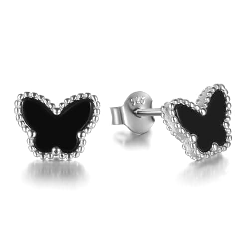 Evensee Black Onyx Butterfly Earrings 925 Sterling Silver Rhodium Plated Hypoallergenic Studs for Her - Image 1