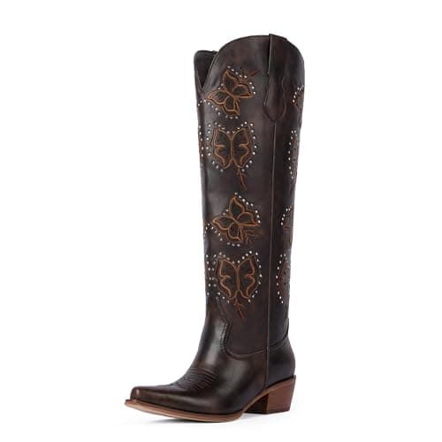 Easyfox Cowboy Boots for Women Chocolate Rhinestone Knee High Cowgirl Boots Chunky Heel Brown Butterfly Embroidered Western Boot Slip on Pointed Toe Block Heel Cow Boy Boot Size 8 - Image 1
