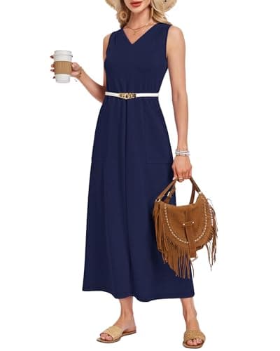 MISFAY Sleeveless Maxi Dress V-Neck Wrinkle-Free Sundress Navy Blue - Thumbnail 2
