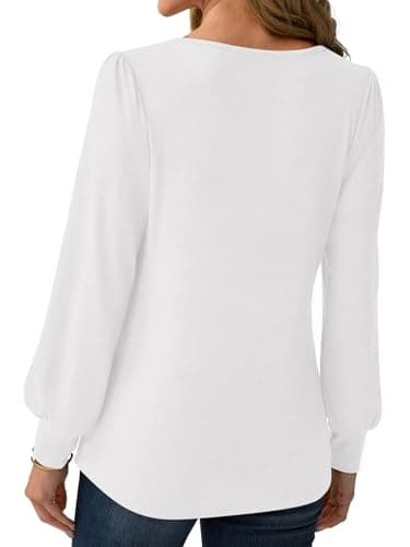 GKBK Women's Long Puff Sleeve Tops Dressy Business Casual Blouses Basic Loose Fit V Neck Work Shirt Pleated Keyhole 2025 Fall Winter Clothes Going Out Outfits White Large - Thumbnail 4