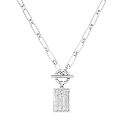 Emibele Silver Cross Necklace for Women, No Tarnish Silver Necklace with Cross Pendant Paperclip Chain Toggle Clasp, Religious Christian Faith Jewelry, Necklace Gifts for Women Birthday, Christmas - Image 1