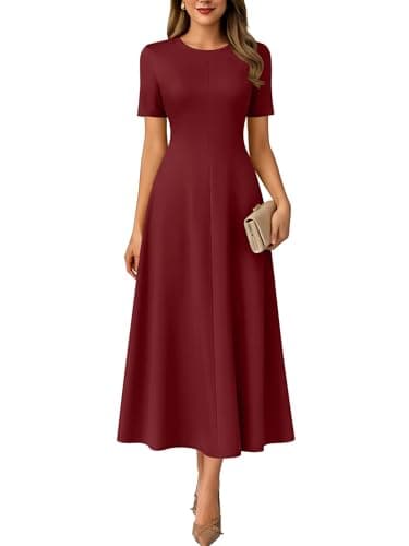 ANRABESS Womens Summer Maxi Dresses Casual Short Sleeve Elegant Classy Vintage 2026 Spring Flowy Cocktail Dress 80s Outfit Dark Red Small - Image 1