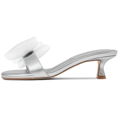Tarkwa Kitten Heels for Women Open Round Toe Low Heels Sexy Vintage Mules with Bow Slip On Backless Heeled Sandals, Fashion Dress Shoes for Daily, Weeding, Party, Casual Silver 7 - Image 1