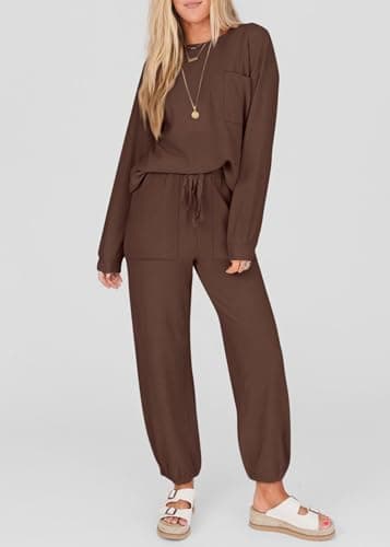 KIRUNDO Lounge Sets for Women 2026 Spring Airport Travel Outfits Ribbed Knit Tops Jogger Pants Tracksuit Postpartum Comfy Set(Coffee, Medium) - Thumbnail 2