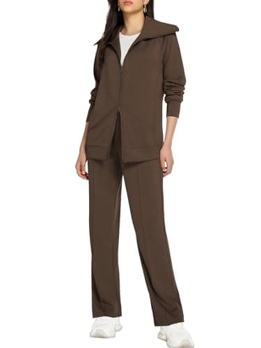 Casly Lamiit Lounge Sets for Women 2026 Vacation Outfit Sweatsuit Long Sleeve Zip Up Travel Airport Sweatshirt Wide Leg Sweatpant Tracksuit Coffee XS - Image 1