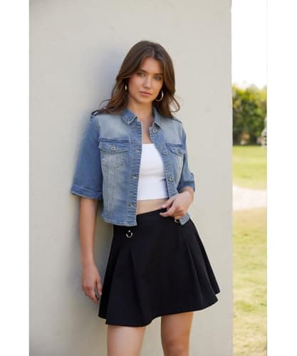 J.Corrine Women's Short Sleeve Stretch Denim Jacket Retro Button Down Cropped Trucker Jean Jackets Dark Blue L - Thumbnail 3
