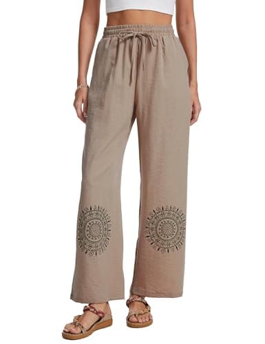 Demoking Cotton Linen Pants Women Straight Leg Casual Loose Drawstring Hippie Beach Vacation Clothes Khaki S - Thumbnail 6