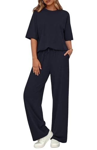 BTFBM Summer Outfits For Women 2026 Two Piece Sets Casual Short Sleeve Spring Tops Wide Leg Pants Matching Lounge Set(Navy, Small)