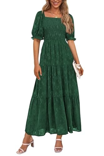 PRETTYGARDEN Women's 2026 Summer Casual Midi Dresses Square Neck Short Sleeve Smocked A Line Floral Flowy Elegant Boho Dress (Dark Green,Large) - Image 1