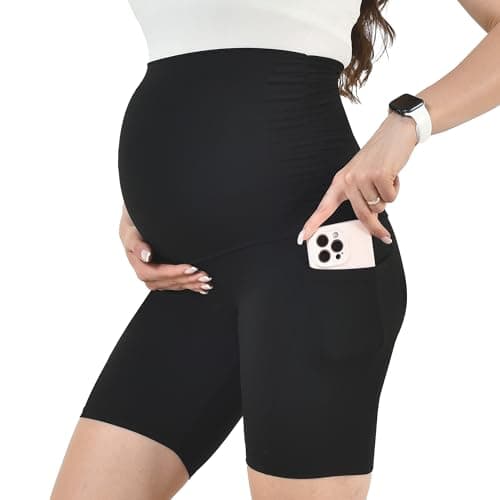 Leafigure Maternity Shorts with Pockets Over The Belly for Women, High Waisted Soft Pregnancy Yoga Pants Black S - Image 1