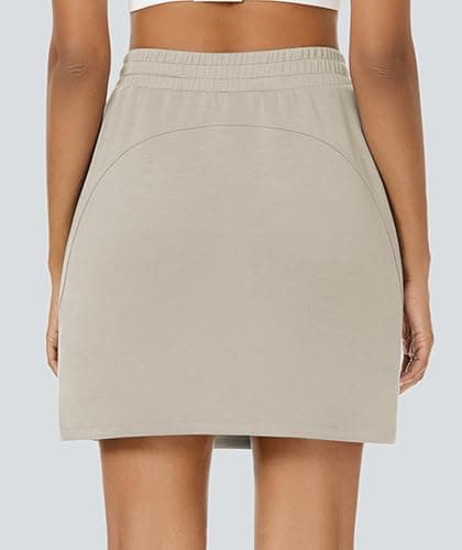 Casly Lamiit Womens Skorts Dressy Casual High Waisted Workout Drawstring Mini Skirts Athletic Elastic Waistband Short Sweat Skirt Dark Beige S - Thumbnail 4